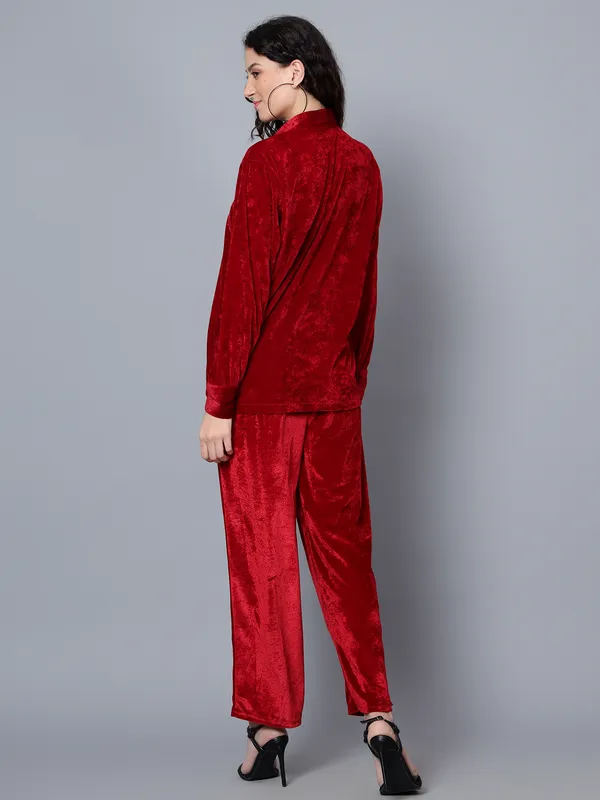 Maroon_Velvet_Collared_Shirt_&_Pant_For_Women_Co-ords_Set