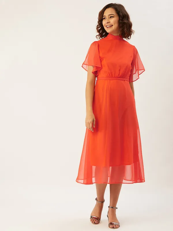 Orange_Chiffon_Fit_and_Flare_Dress_For_Women