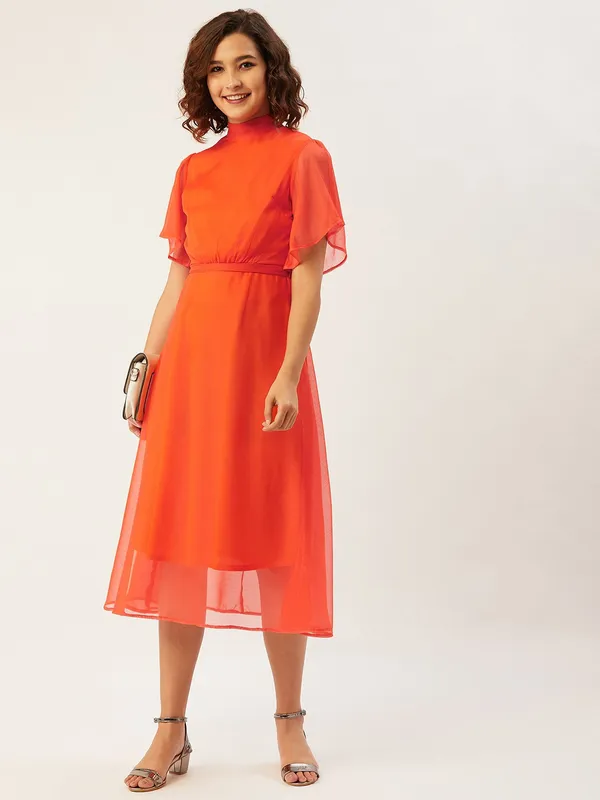 Orange_Chiffon_Fit_and_Flare_Dress_For_Women