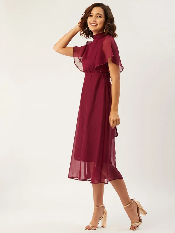 Maroon_Chiffon_Fit_and_Flare_Dress_For_Women