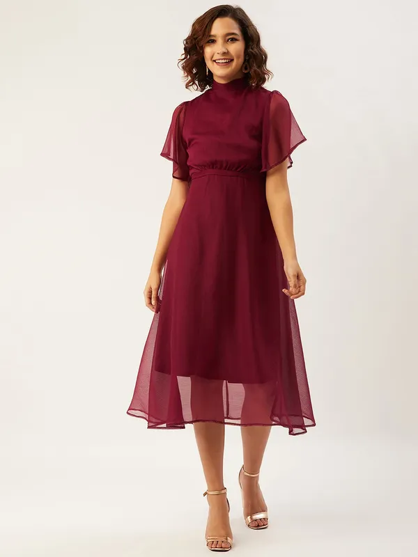 Maroon_Chiffon_Fit_and_Flare_Dress_For_Women