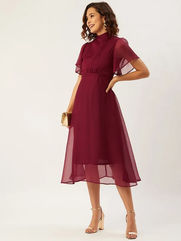 Maroon_Chiffon_Fit_and_Flare_Dress_For_Women