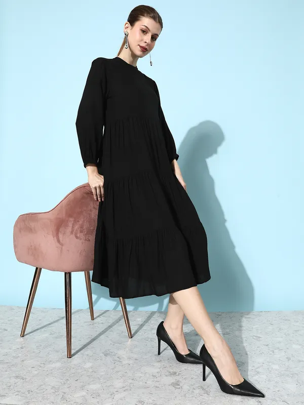 Women_Black_Rayon_Fit_and_Flare_Tie_Up_Neck_Gathered_Dress
