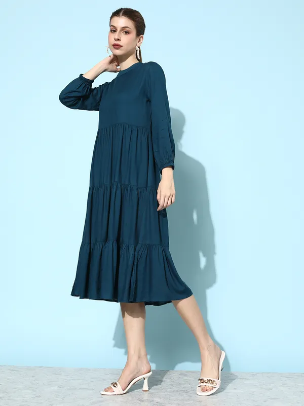 Women_Blue_Rayon_Fit_and_Flare_Tie_Up_Neck_Gathered_Dress