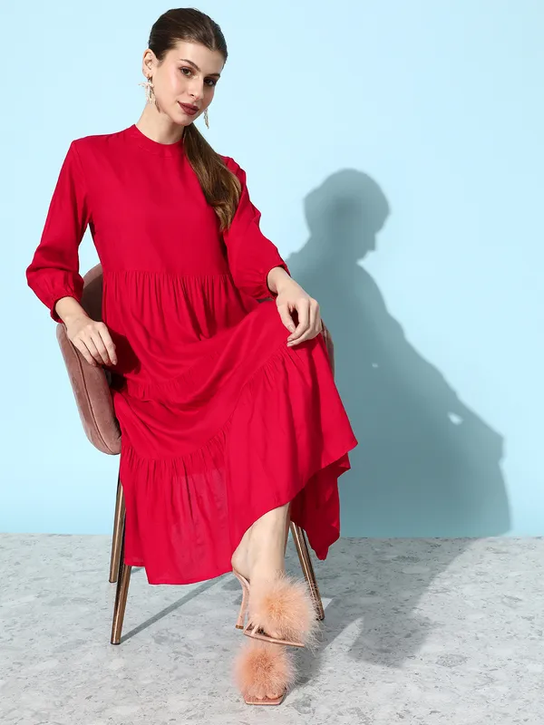 Women_Red_Rayon_Fit_and_Flare_Tie_Up_Neck_Gathered_Dress