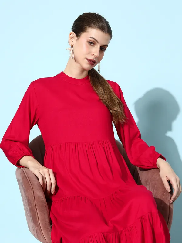 Women_Red_Rayon_Fit_and_Flare_Tie_Up_Neck_Gathered_Dress