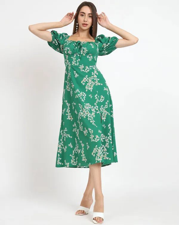 Green_Western_Dress_For_Women_Floral_Printed_Fit_&_Flare_Midi_Dress_With_Puff_Sleeves