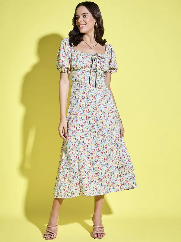 Women_Floral_Printed_Tie-Up_Neck_Short_Puff_Sleeve_Midi_A-Line_Dress
