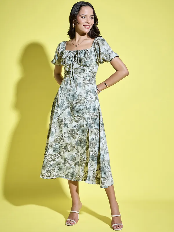 Women_Floral_Printed_Tie-Up_Neck_Short_Puff_Sleeve_Midi_A-Line_Dress