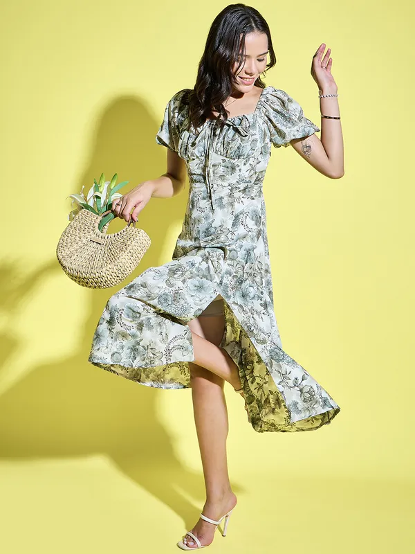 Women_Floral_Printed_Tie-Up_Neck_Short_Puff_Sleeve_Midi_A-Line_Dress