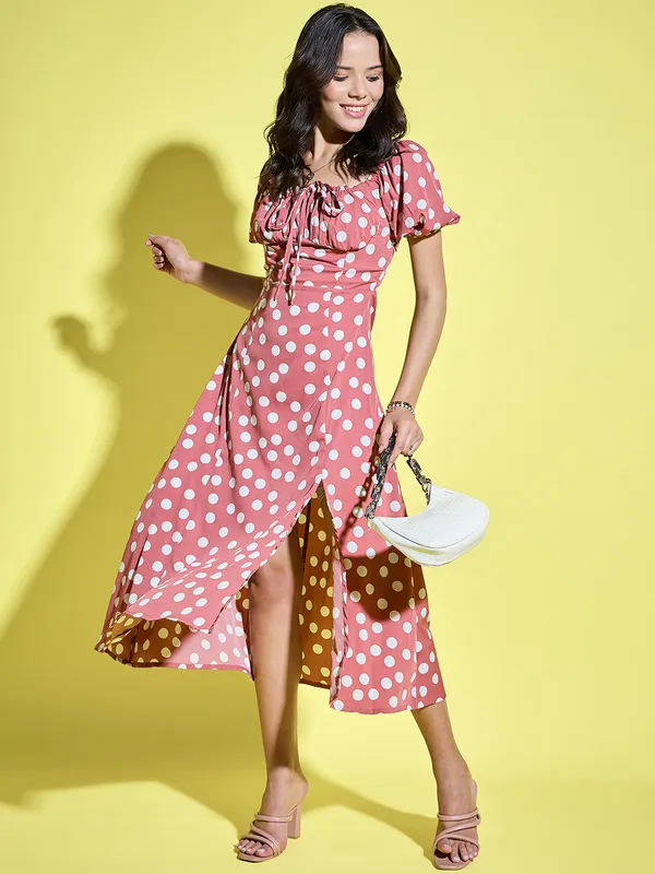 Women_Polka_Dot_Printed_Tie-Up_Neck_Short_Puff_Sleeve_Midi_A-Line_Dress