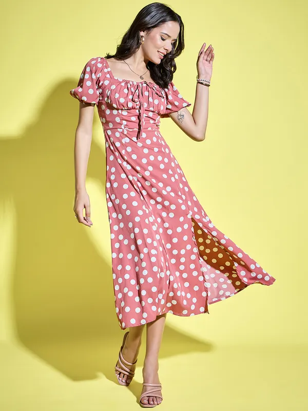 Women_Polka_Dot_Printed_Tie-Up_Neck_Short_Puff_Sleeve_Midi_A-Line_Dress