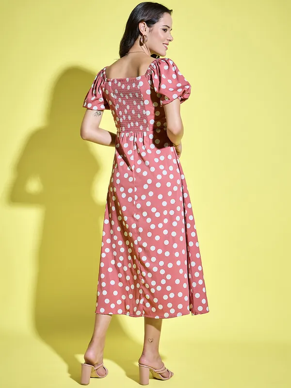 Women_Polka_Dot_Printed_Tie-Up_Neck_Short_Puff_Sleeve_Midi_A-Line_Dress