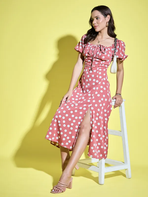 Women_Polka_Dot_Printed_Tie-Up_Neck_Short_Puff_Sleeve_Midi_A-Line_Dress