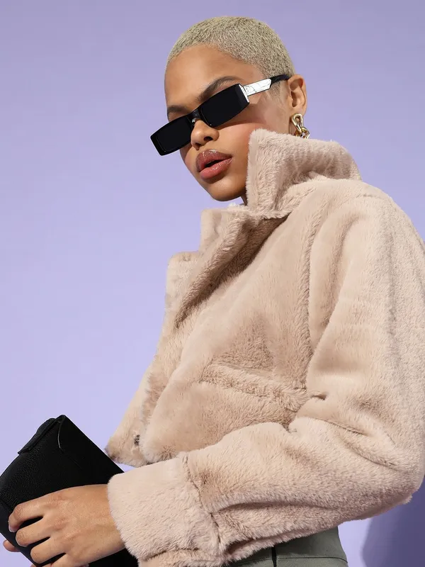 Beige_Faux_Fur_Full_Sleeve_Solid_Casual_Jacket_For_Women