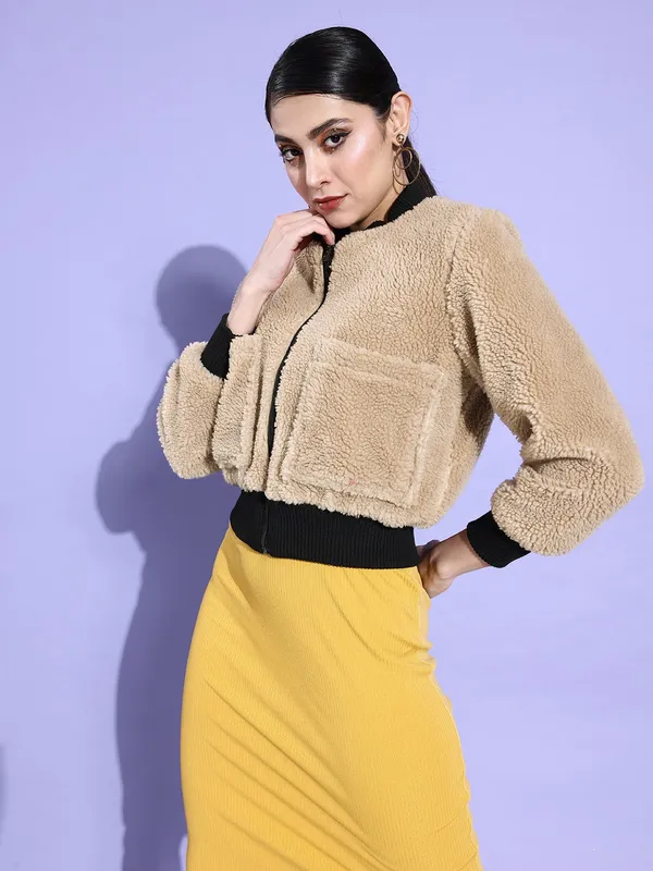 Beige_Faux_Fur_Full_Sleeve_Solid_Fleece_Jacket_For_Women