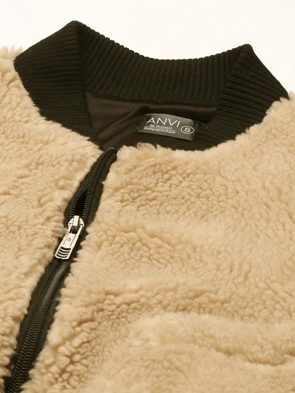 Beige_Faux_Fur_Full_Sleeve_Solid_Fleece_Jacket_For_Women