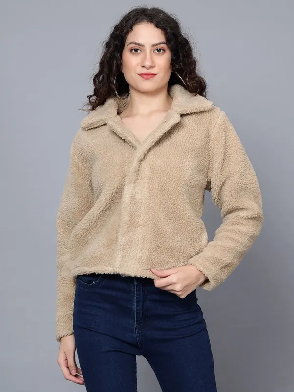 Beige_Faux_Fur_Full_Sleeve_Solid_Fleece_Jacket_For_Women