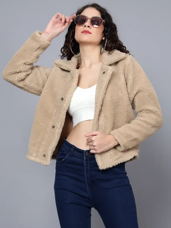 Beige_Faux_Fur_Full_Sleeve_Solid_Fleece_Jacket_For_Women