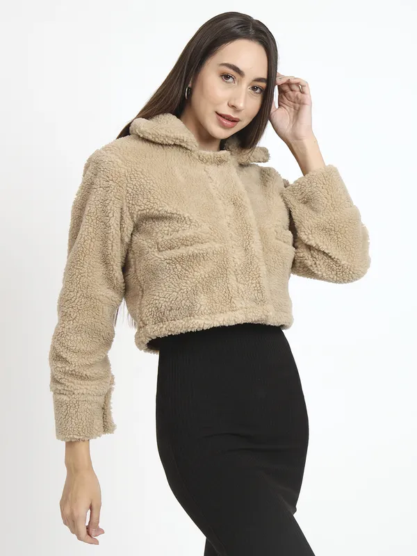 Beige_Faux_Fur_Full_Sleeve_Solid_Fleece_Jacket_For_Women