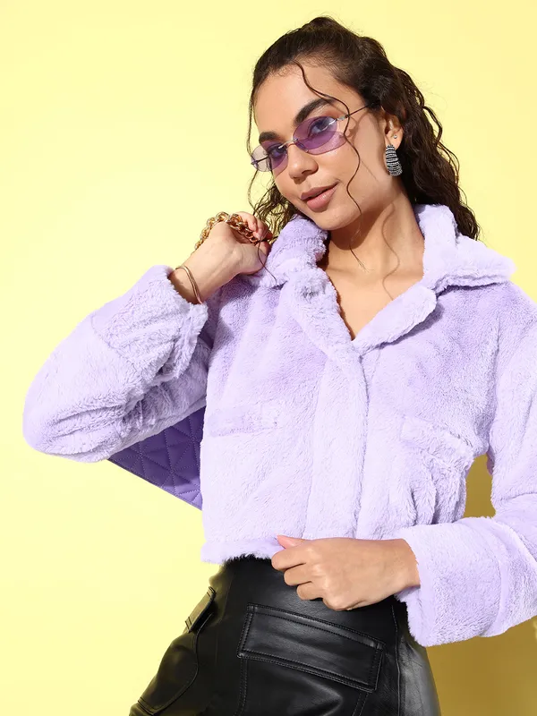 Purple_Faux_Fur_3/4th_Sleeve_Solid_Casual_Jacket_For_Women
