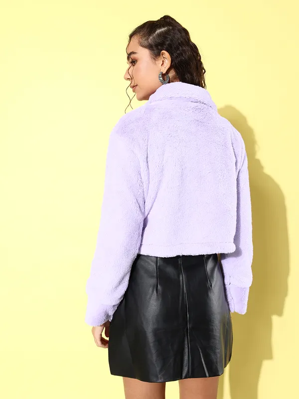 Purple_Faux_Fur_3/4th_Sleeve_Solid_Casual_Jacket_For_Women