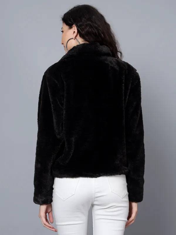 Black_Faux_Fur_Full_Sleeve_Solid_Casual_Jacket_For_Women