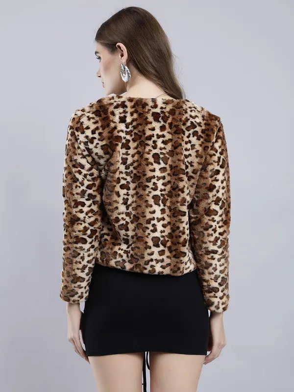 Brown_Faux_Fur_3/4th_Sleeve_Animal_Print_Casual_Jacket_For_Women
