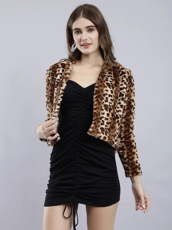 Brown_Faux_Fur_3/4th_Sleeve_Animal_Print_Casual_Jacket_For_Women