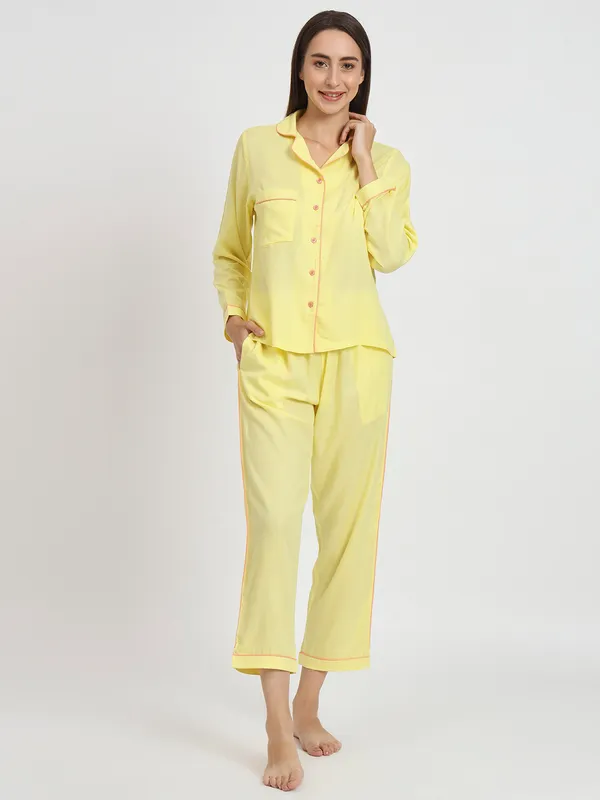 Yellow_Rayon_Solid__Full_Sleeve_Shirt_&_Pyjama_Set_For_Women