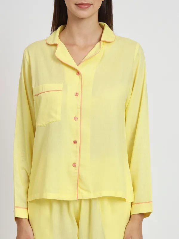 Yellow_Rayon_Solid__Full_Sleeve_Shirt_&_Pyjama_Set_For_Women