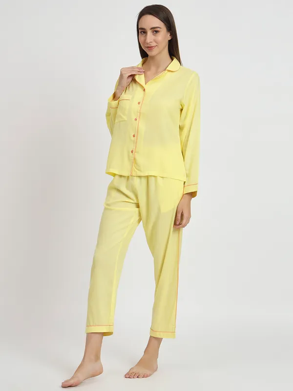 Yellow_Rayon_Solid__Full_Sleeve_Shirt_&_Pyjama_Set_For_Women