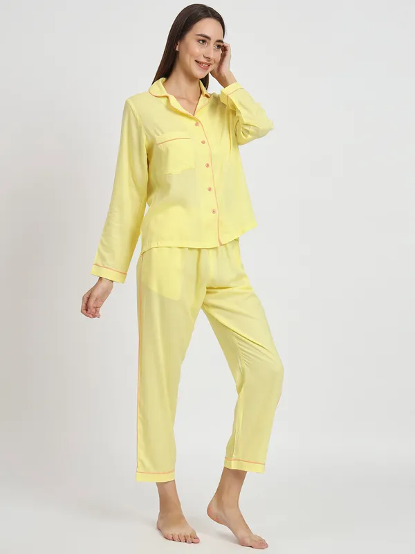 Yellow_Rayon_Solid__Full_Sleeve_Shirt_&_Pyjama_Set_For_Women