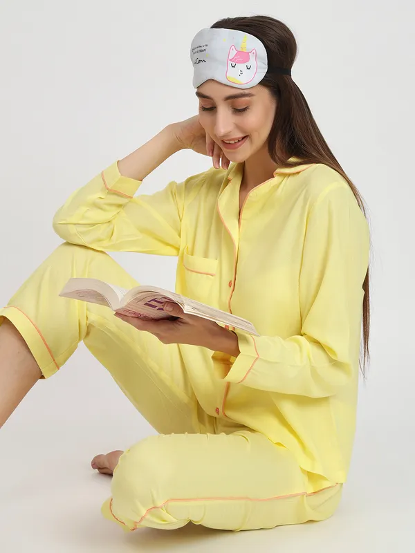 Yellow_Rayon_Solid__Full_Sleeve_Shirt_&_Pyjama_Set_For_Women