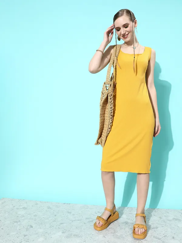 Yellow_Cotton_Blend_Bodycon_Dress_For_Women