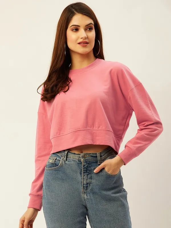 Pink_Round_Neck_Full_Sleeve_Sweatshirt_With_Cotton_Blend_For_Women.