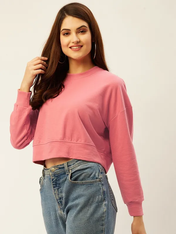 Pink_Round_Neck_Full_Sleeve_Sweatshirt_With_Cotton_Blend_For_Women.