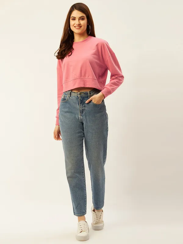 Pink_Round_Neck_Full_Sleeve_Sweatshirt_With_Cotton_Blend_For_Women.