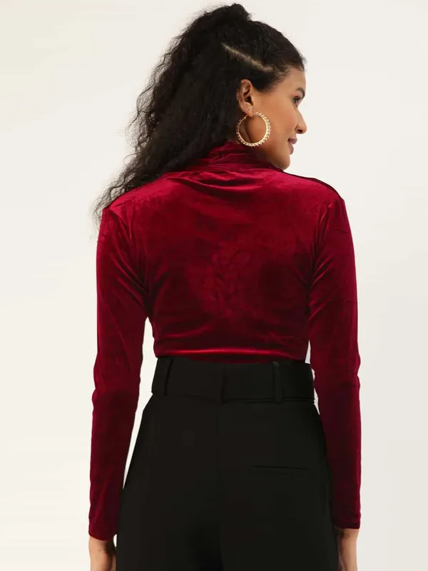 Maroon_Velvet_Casual_Solid_V-Neck_Regular_Fit_Top_For_Women