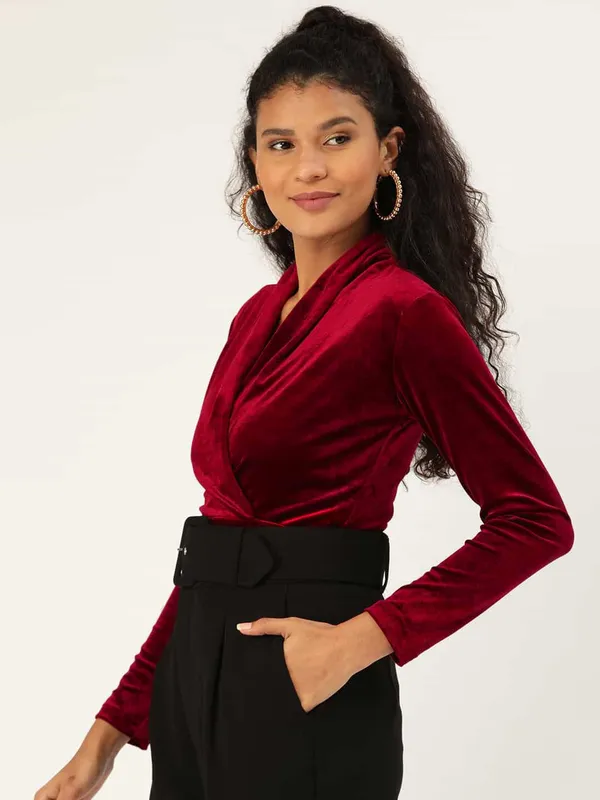 Maroon_Velvet_Casual_Solid_V-Neck_Regular_Fit_Top_For_Women