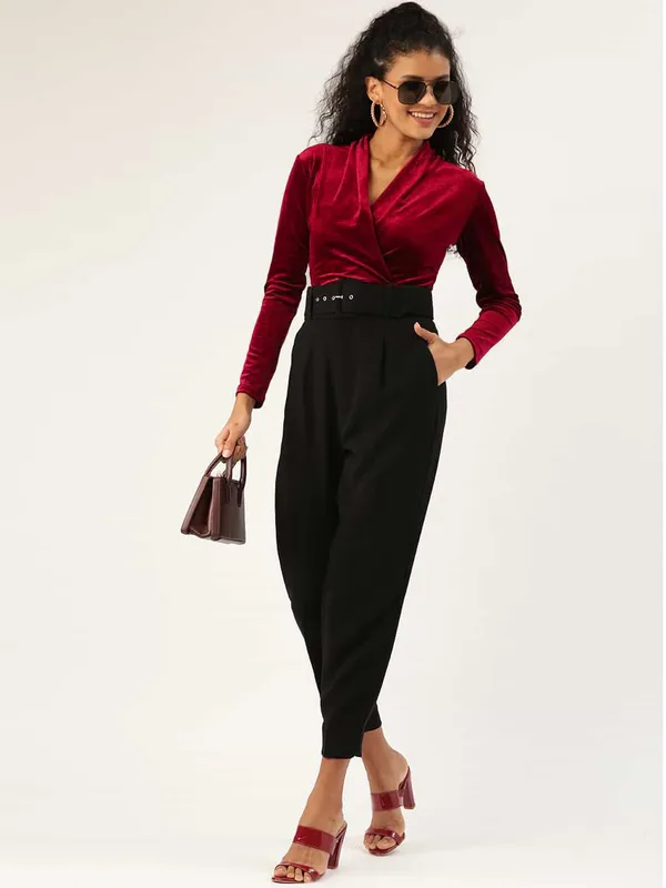 Maroon_Velvet_Casual_Solid_V-Neck_Regular_Fit_Top_For_Women