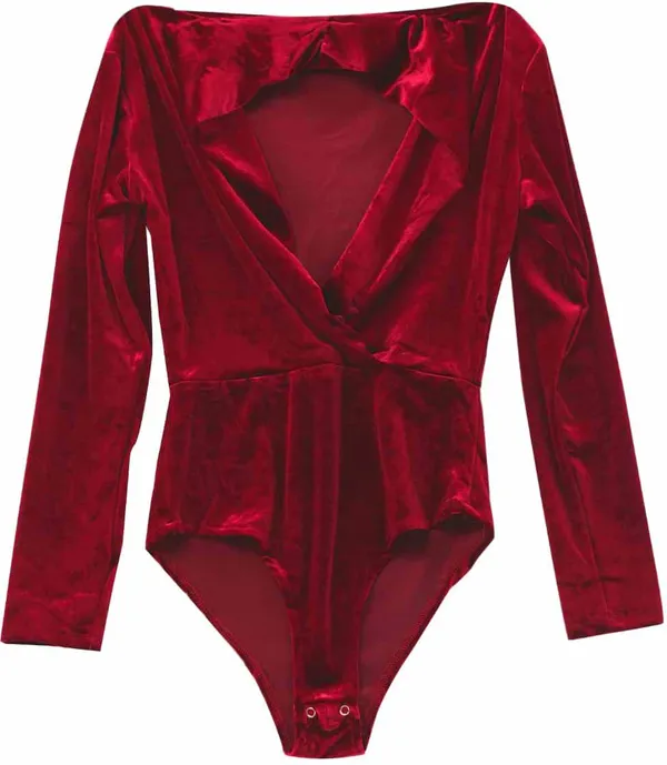 Maroon_Velvet_Casual_Solid_V-Neck_Regular_Fit_Top_For_Women