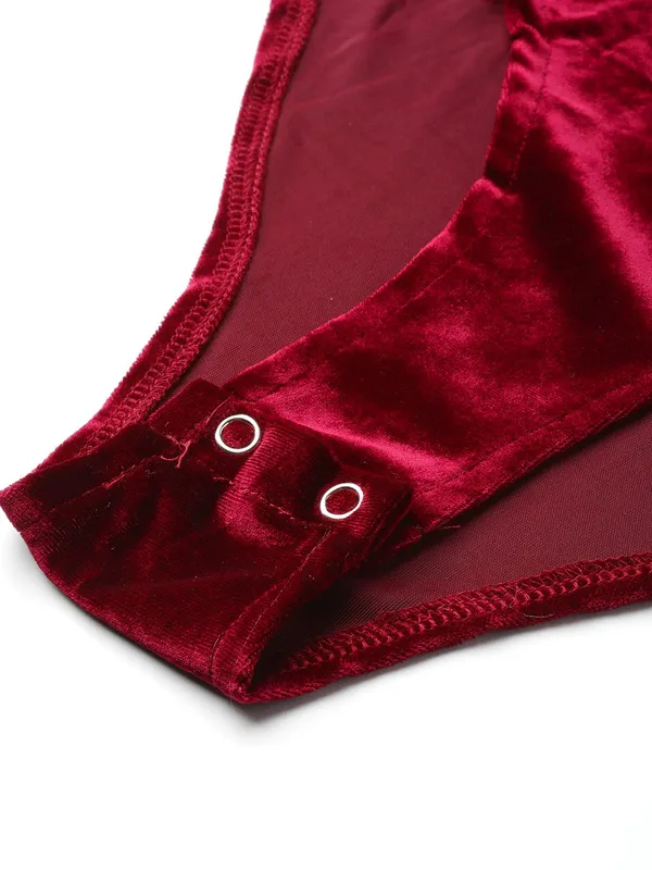 Maroon_Velvet_Casual_Solid_V-Neck_Regular_Fit_Top_For_Women