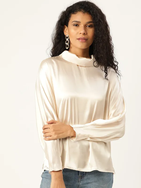 White_Cotton_Blend_Casual_Solid_High_Neck_Oversized_Fit_Top_For_Women