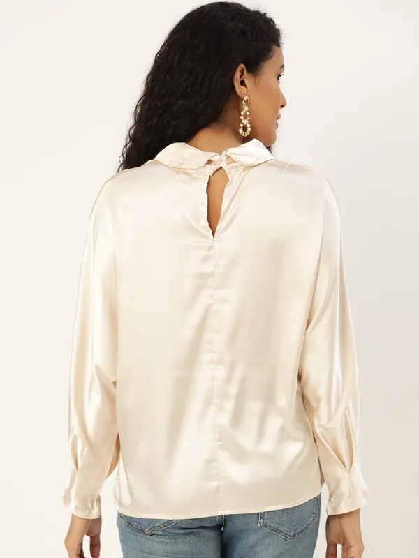 White_Cotton_Blend_Casual_Solid_High_Neck_Oversized_Fit_Top_For_Women