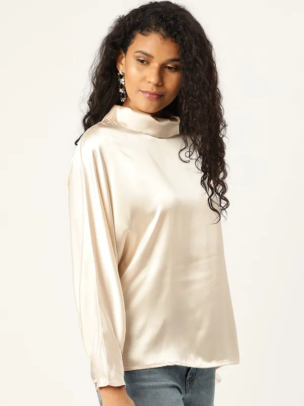 White_Cotton_Blend_Casual_Solid_High_Neck_Oversized_Fit_Top_For_Women