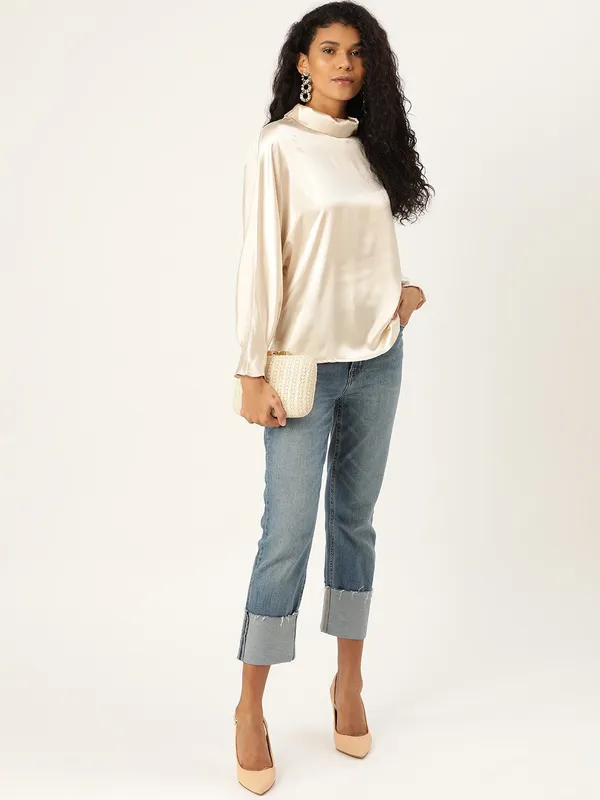 White_Cotton_Blend_Casual_Solid_High_Neck_Oversized_Fit_Top_For_Women
