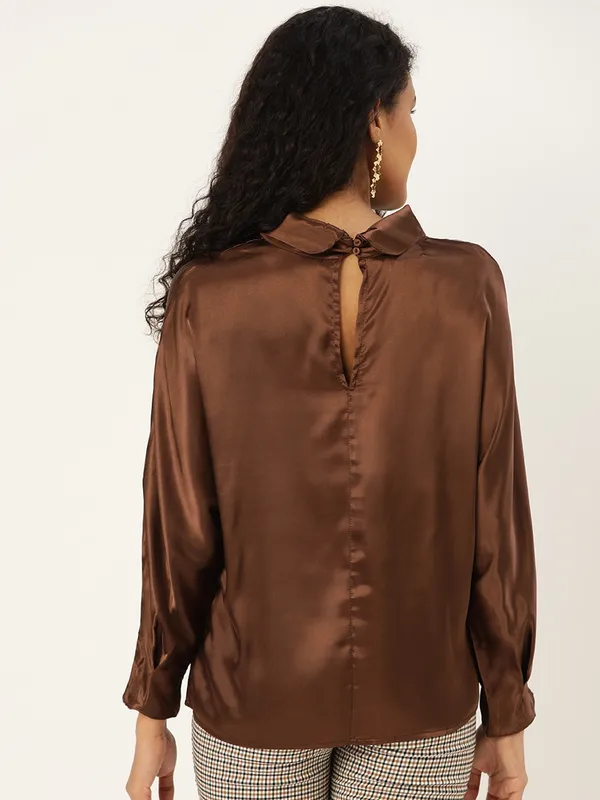Brown_Cotton_Blend_Casual_Solid_High_Neck_Regular_Fit_Top_For_Women