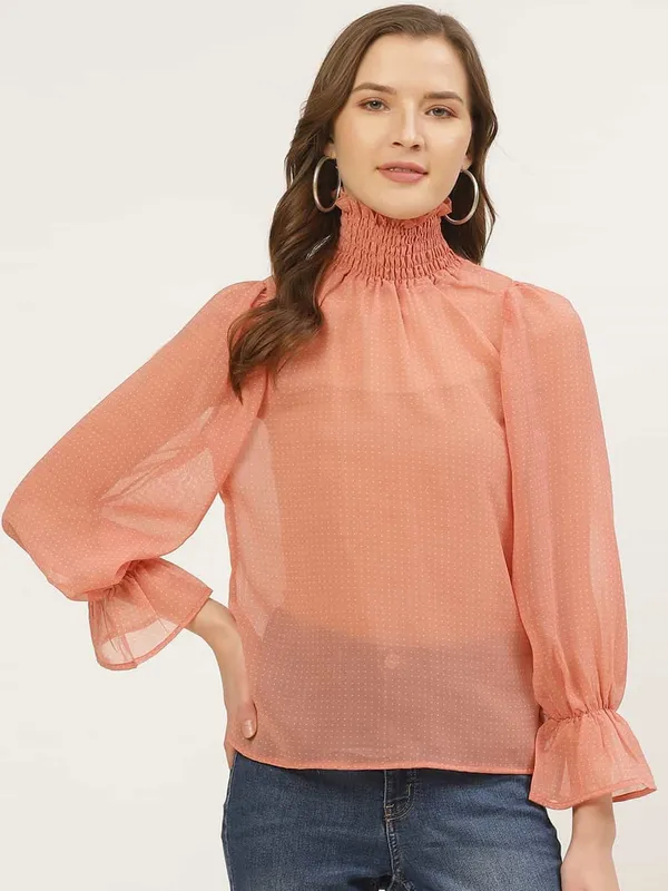 Orange_Chiffon_Casual_Polka_Print_High_Neck_Regular_Fit_Top_For_Women
