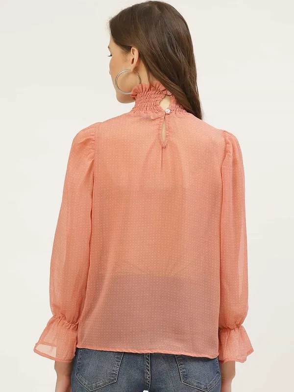 Orange_Chiffon_Casual_Polka_Print_High_Neck_Regular_Fit_Top_For_Women